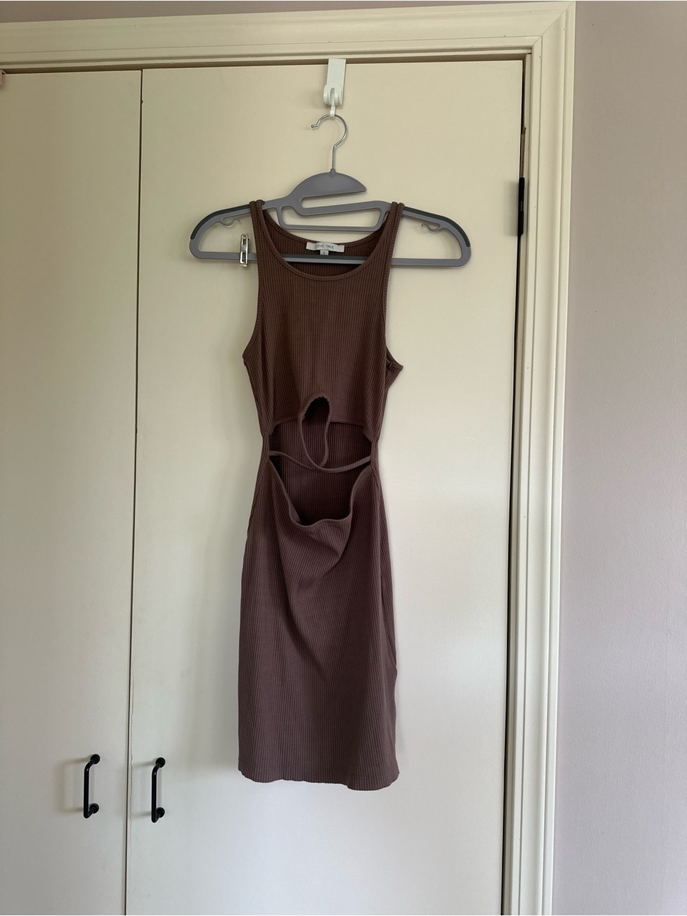 Mocha Brown Ribbed Bodycon Cutout Dress S